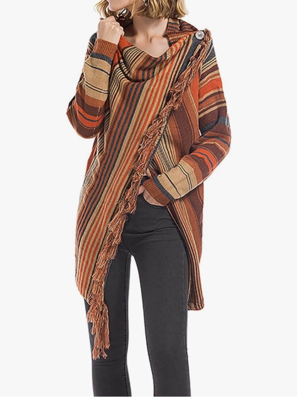 Boho Open Front Aztec Fringe Poncho Sz XL